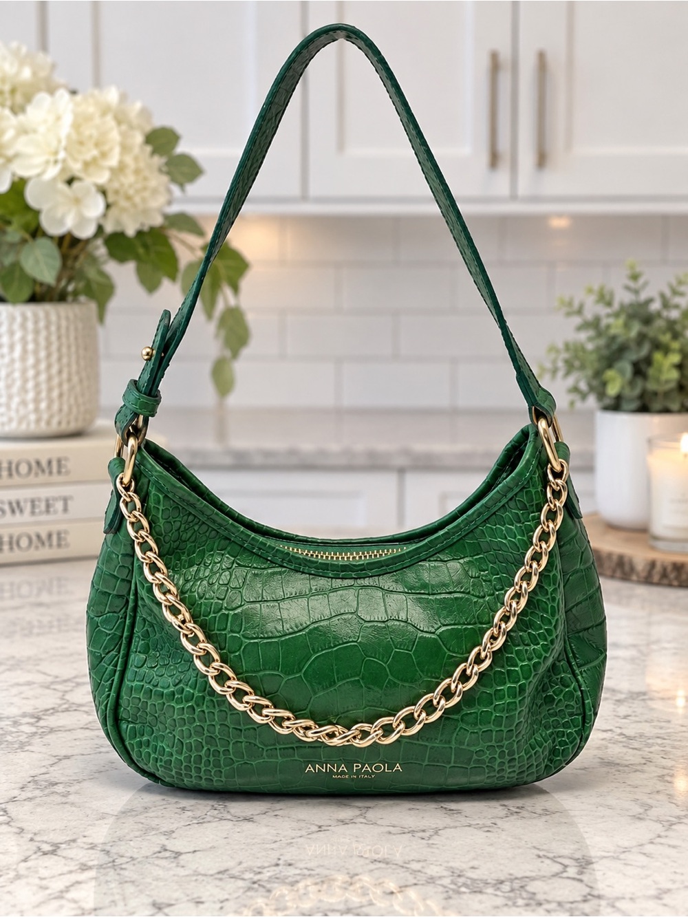 Anna Paola Green Croc Embossed Leather Convertible Shoulder Crossbody Bag